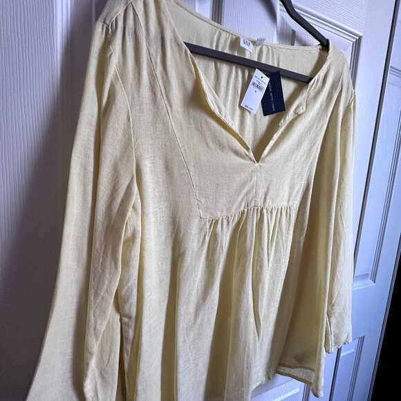 Women's XL Gap Pastel Yellow Linen Blend Split Neck Peasant Boho Blouse NWT - Picture 6 of 9